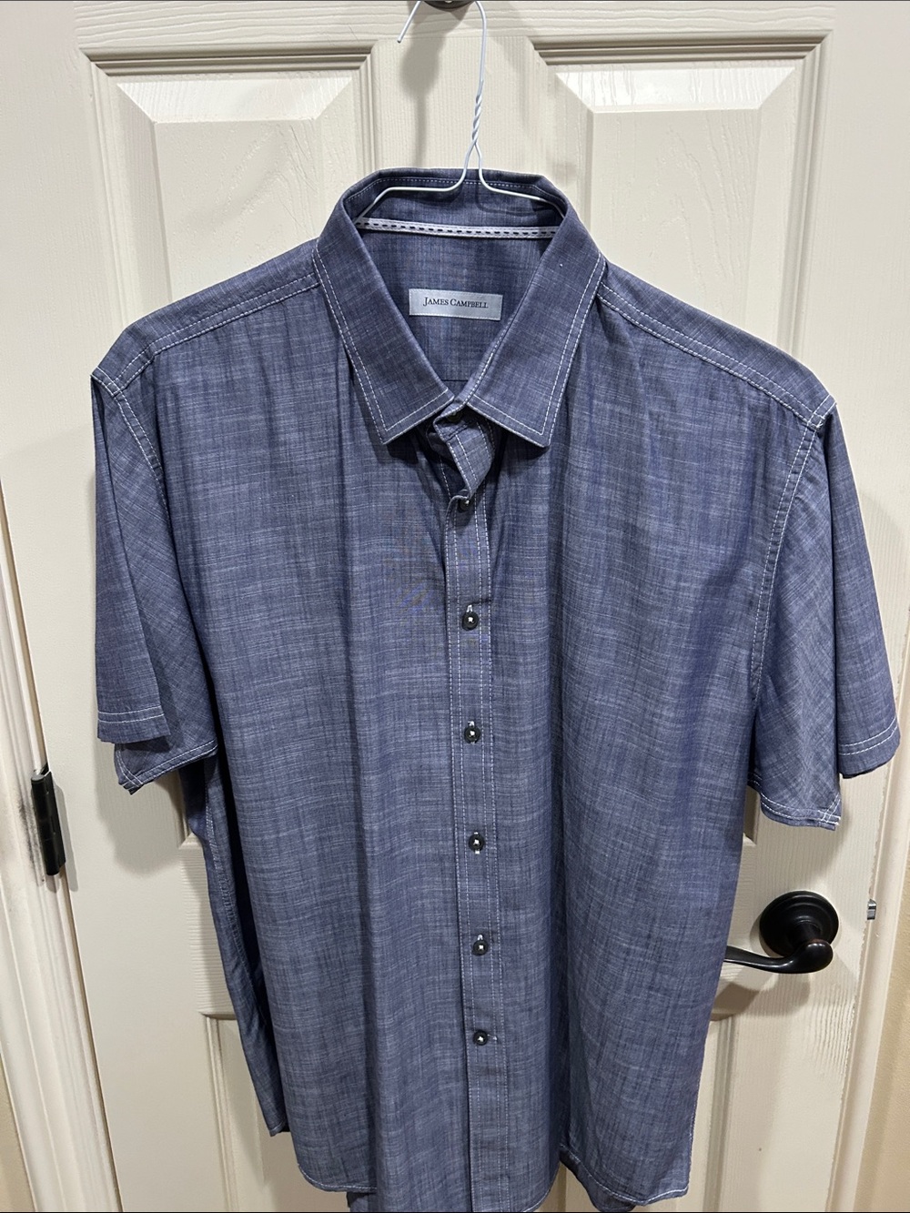James Campbell Short-Sleeve Chambray-Style Blue Button-Down Shirt 100% Cotton